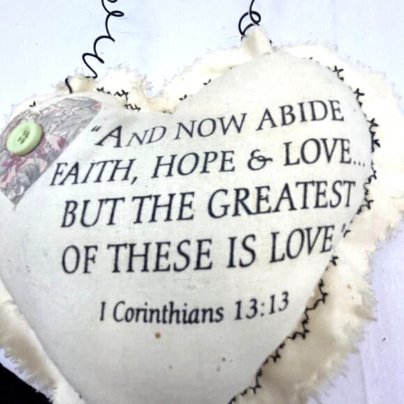 Cloth Heart with Wire hanger I Corinthians 13:13 faith hope & Love handmade - Picture 4 of 5